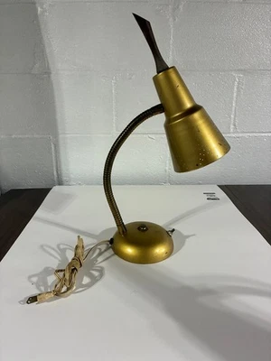 Gooseneck Lamp Satin Bronze Rare 1950’s Preferated Shade Wood Finial Mid Century - Image 1 of 4
