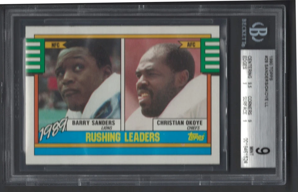 1990 Topps #28 BARRY SANDERS /OKOYE BGS 9 BEAUTY 9.5 CENTER 1989 RUSHING LEADERS - Image 1 of 3