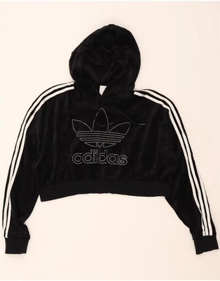 ADIDAS Womens Crop Graphic Hoodie Jumper UK 12 Medium Black Cotton DS30 - Image 1 of 3