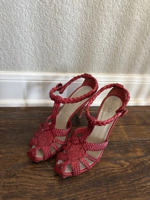 Yves Saint Laurant Red Heels Woven Leather Shoes Pumps Vtg 38 Italy - Image 1 of 4