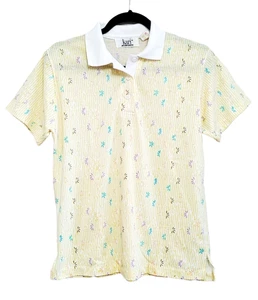 Kari Inc. Polo Shirt Women's Size Medium Vintage Yellow Striped Floral - Imagen 1 de 4