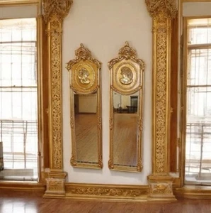 Elegant Louis XV French Style Gold Mirrors – Tall & Narrow Beveled Glass Pair - Picture 1 of 3