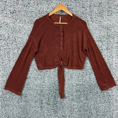 Free People Sweaters Womens XS Rust Brown Cropped Tie Front Henley Long Sleeve - Image 1 of 4