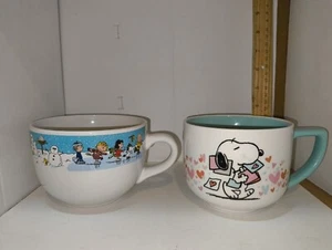 Lot of 2 PEANUTS/SNOOPY Large COFFEE MUGs  24 Oz Skating Scene & Valentine's Day - Picture 1 of 6