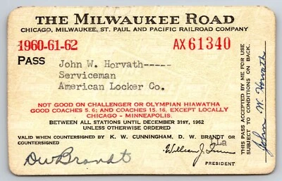The Milwaukee Road Railroad 1960-61-62 Yearly Train Pass #61340 - Image 1 of 2