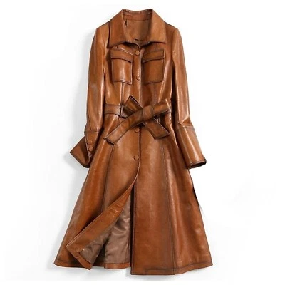 Italian style overcoat Real leather trench coat,sashes Belt Wax Tan Long Leather - Image 1 of 4