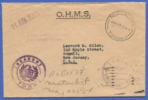 TONGA OHMS 1966 Official Airmail cover NUKUALOFA to New Jersey USA - Forwarded - Picture 1 of 1