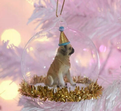 Hund Christbaumkugel Weihnachtsbaumschmuck Mops Pug Gold Glitzer Glas Kugel Welp - Bild 1 von 4
