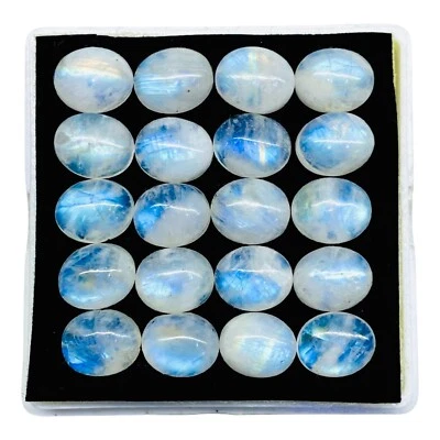 20 Pcs Natural Rainbow Moonstone 12x10mm Oval Blue Shines Cabochon Gemstones Lot - Image 1 of 4