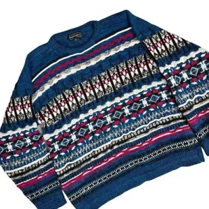 Vintage Peter England Cotton Geometric Knit Striped Sweater Men's Size Medium - Picture 1 of 5