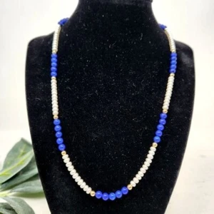14K Gold Pearl Bright Blue Lapis Beaded Stone Necklace - Picture 1 of 14