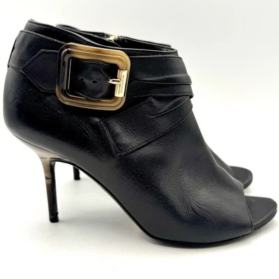 Burberry London High Heel Size 7 Black Leather Open Peep Toe Brand Buckle Zipper - Image 1 of 4