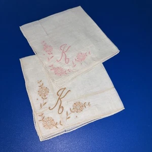 Embroidered Florals Monogram K Hankie Handkerchief - Floral Pink Square - Picture 1 of 4
