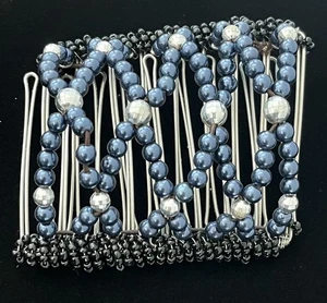 Double Comb Blue Beaded Bun Hair Clip Large Stretch Hair Accessory - Picture 1 of 10