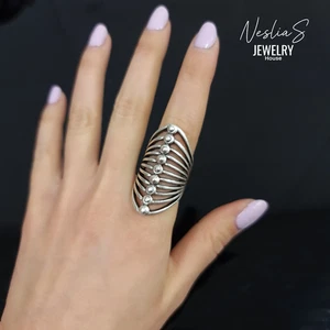 Statement Long Ring Damenring, 925 Sterling Silber Beschichtet, Antik Silber, EU - Picture 1 of 13