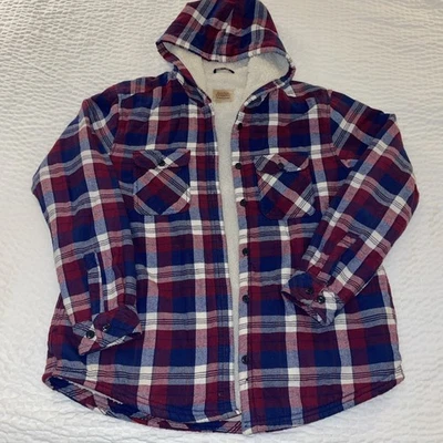 Boston Traders Sherpa Lined Hooded Red Blue Plaid Shirt Jacket Sz L - Image 1 of 4