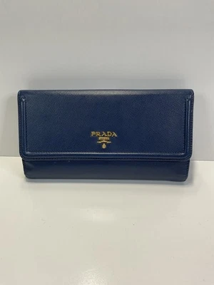 PRADA Saffiano Leather Long Bifold Wallet Blue Gold Logo Milano Italy - Image 1 of 4