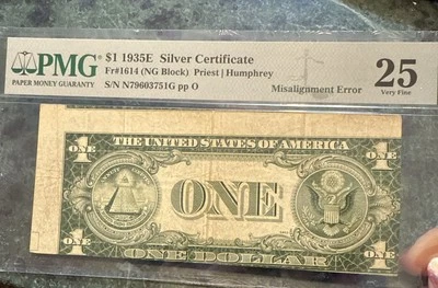 Certificado de plata 1935E $1 Fr#1614 PMG VF 25 primera impresión error desalineado Foto 1 de 4