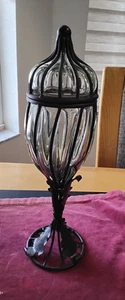 Vintage Apothecary Jar 16" Hand Blown Wrought Iron Caged Bubble Glass w/Lid - Picture 1 of 11