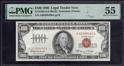 1966 $100 Dollar Red Seal - FR1550 PMG graded AU 55/No Comments  - Image 1 of 2