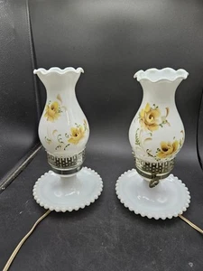 VTG. Milk Glass Hobnail Hurricane Electric Lamps w/ Hand Painted Yellow Roses - Picture 1 of 11