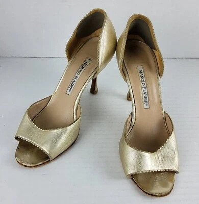 Manolo Blahnik Women's Gold Peep Toe Heels Pumps Size 36.5 - Image 1 of 4
