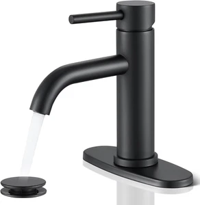 Black Bathroom Faucet, Single Hole Bathroom Faucet with Pop-Up Drain and Flexib - Picture 1 of 12
