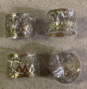VINTAGE OLD STOCK GOLD COLORED ROUND SILVER PLATED FILIGREE NAPKIN RINGS HOLDERS - Picture 1 of 5