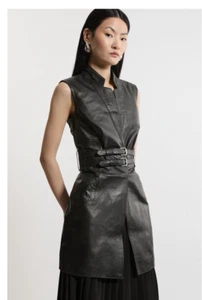 KAREN MILLEN Leather Notch Neck Sleeveless Jacket UK14 RRP £329 - Picture 1 of 5