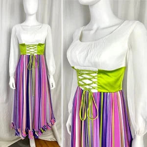 Vintage 60s 70s PSmall white with purple and pink stripes corset waist dress - Picture 1 of 10