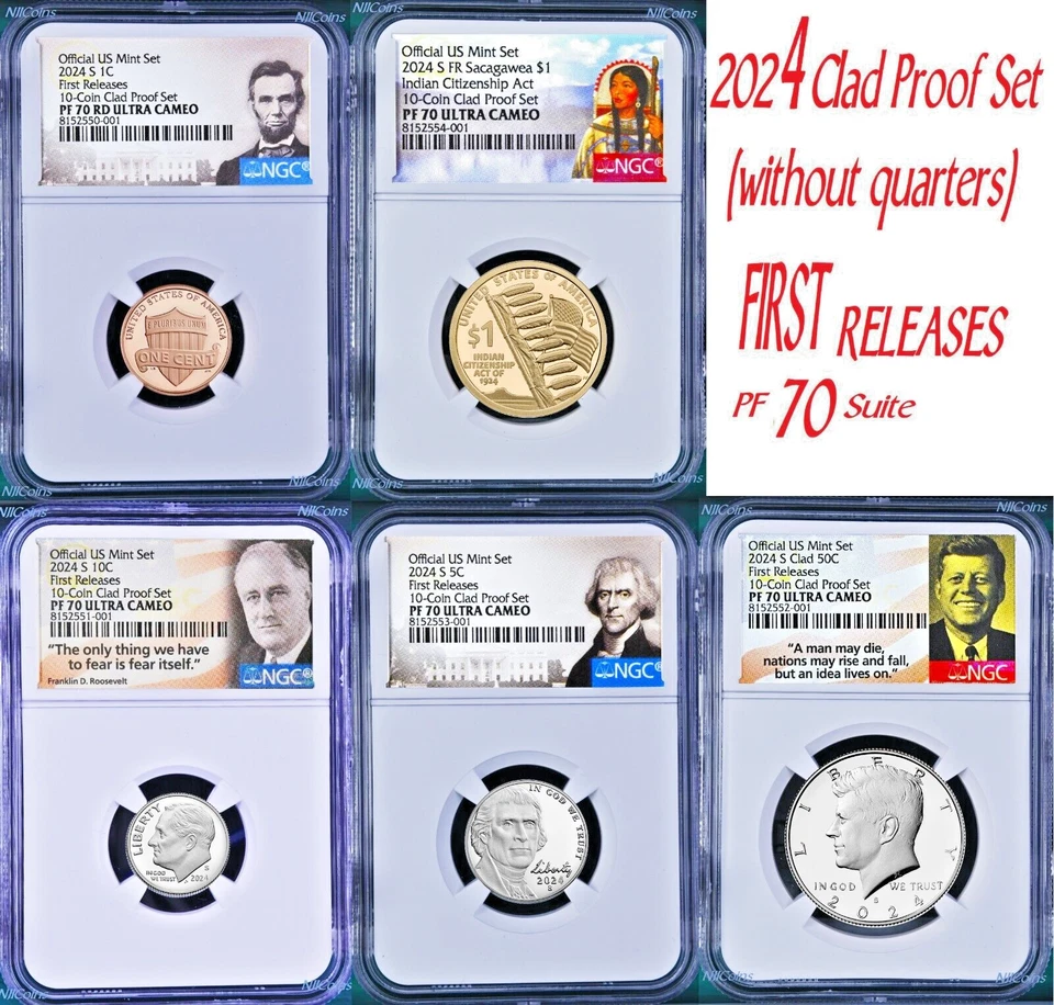 2024 US Mint 5 Coin Clad Proof SET Dime Cent Nickel $1 50c NGC PF70 FR Same End# - Image 1 of 1