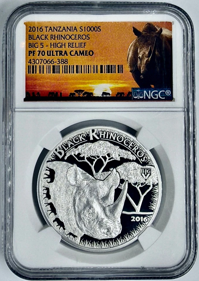 2016 Tanzania S1000S Silver Coin Big 5 Black Rhinoceros NGC PF70UCAM High Relief - Image 1 of 2