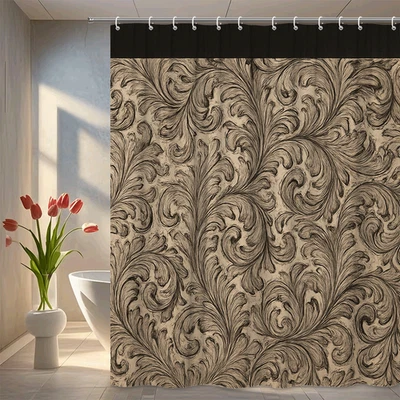 Elegante Cortina de Ducha Floral Negra y Dorada, Tela Impermeable Foto 1 de 4