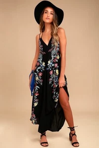 Free People Ashbury Negro Estampado Floral Midi Slip Talla L Grande Sin Mangas - Imagen 1 de 10