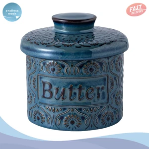 Blue French Butter Crock Dish with Lid & Water Line Ceramic Keeper 6oz Gift - Picture 1 of 8