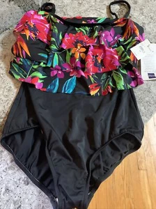 Vtg JC Penney One Piece Swimsuit Bathing Suit Women's Size 14 NWT Black/floral - Picture 1 of 11