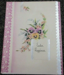TARJETA DE PASCUA USADA DE COLECCIÓN DISEÑO ART DECO; MORADOS; PENSAMIENTOS Y LIRIO DEL VALLE - Imagen 1 de 4