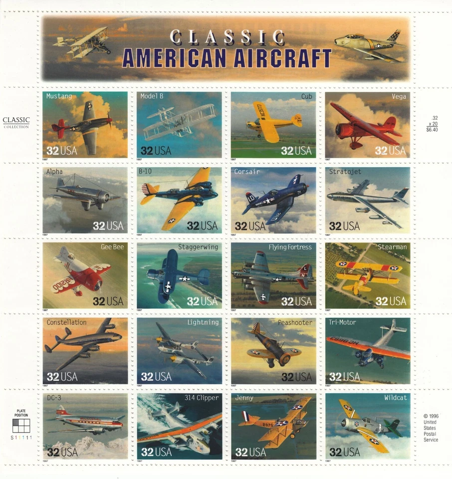 Classic Aircraft Plane Sheet American Aircraft USA Mint MNH Souvenir Sheet 1997 - Image 1 of 2