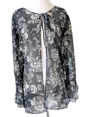 Vintage Floral Cardigan 18 20 Sheer Bell Sleeve Tie Neck Long Sleeve Retro Top - Image 1 of 4