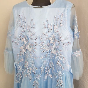 Long Blue Formal Dance Social Wedding Dress Girl's Sz 160 14 - 16 Applique Beads - Picture 1 of 11