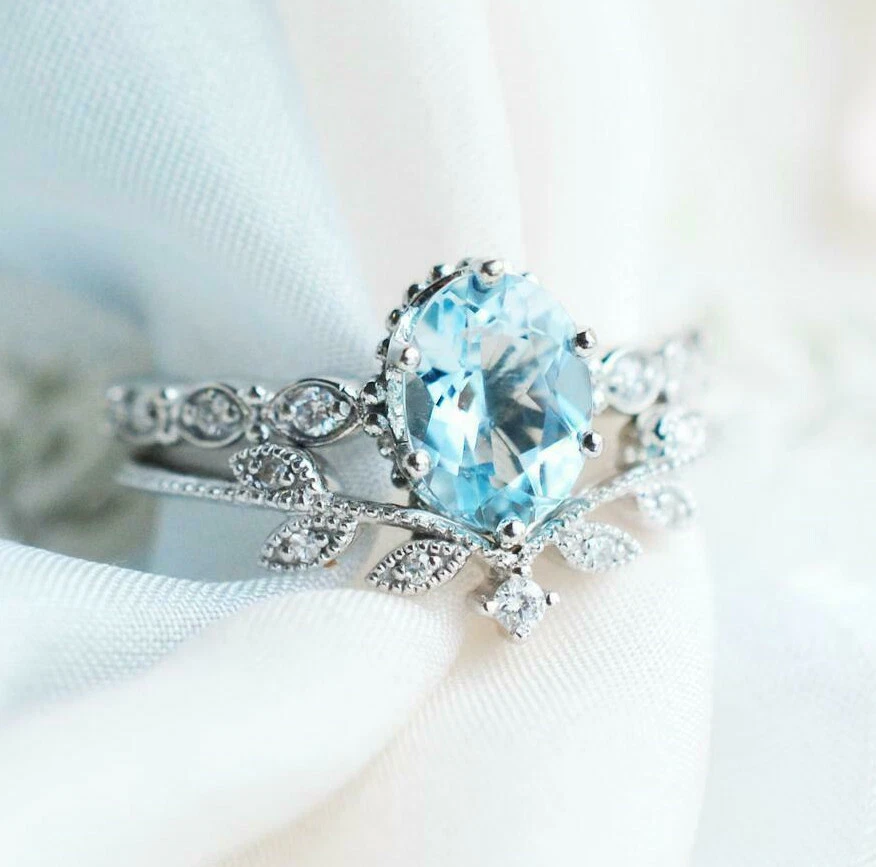Conjunto de anel de casamento de noivado prata esterlina 925 corte oval água-marinha 1,35 ct CZ - Imagem 1 de 2