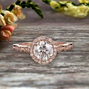 1.13CT Round Cut Lab Grown Diamond Women's Halo Wedding Ring In 10K Rose Gold - Picture 1 of 8
