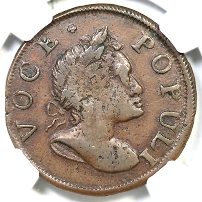 1760 N-2 R-4 NGC AU 50 No P Voce Populi Half Penny Colonial Coin 1/2P - Image 1 of 3