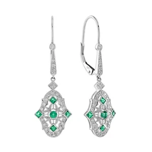14K White Gold Emerald Diamond Art Deco Style Drop Earrings - Picture 1 of 9