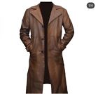 MEN VINTAGE BROWN GENUINE LEATHER JACKET, DUSTER COAT MILITARY STYLE TRENCH COAT
