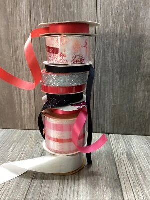 Lot (9) Spools Valentines Day Hearts Love Red White Crafting Sparkling Ribbon - Image 1 of 4