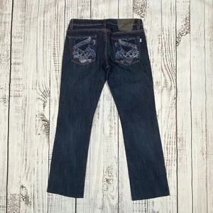 Ed Hardy Jeans Damen 30 blau Pailletten Totenkopf Herz Mid Rise Flare Crop roher Saum LESEN - Bild 1 von 9
