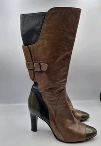 ANNARITA N Green Brown Patchwork Italian Leather Mid Calf Zip Up Boots Size 38/7 - Picture 1 of 17