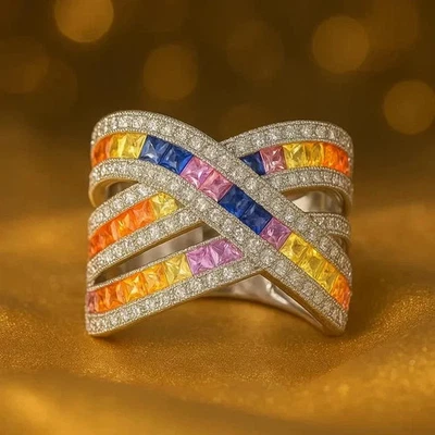 Banda de eternidad arco iris creada en laboratorio corte princesa de 4,18 quilates chapada en oro blanco de 14 quilates Foto 1 de 4