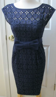 Vestido Nanette Lepore Azul Marino Algodón Floral Bordado Encaje Cinturón Lazo, talla 4 EE. UU. Foto 1 de 4